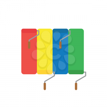 Flat design vector illustration concept of red, yellow, blue and green paint brushes symbol icon painting wall in four colors on white baackground.