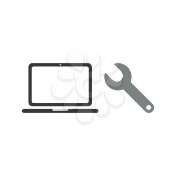 Flat design vector illustration concept of repair black laptop computer with grey spanner symbol icon on white background.