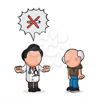 Vector hand-drawn cartoon illustration of doctor telling old patient to quit smoking cigarette.