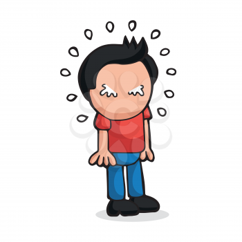 Vector hand-drawn cartoon illustration of man standing crying.