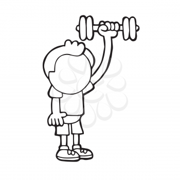 Vector hand-drawn cartoon illustration of man standing pumping dumbbells