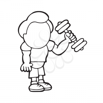 Vector hand-drawn cartoon illustration of man standing lifting dumbbell.