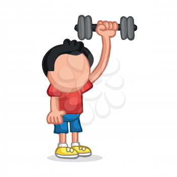 Vector hand-drawn cartoon illustration of man standing pumping dumbbells