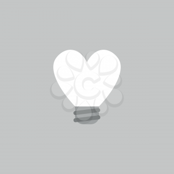 Flat vector icon concept of heart-shaped light bulb on grey background.
