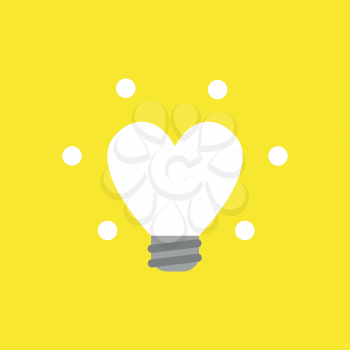 Flat vector icon concept of glowing heart-shaped light bulb on yellow background.