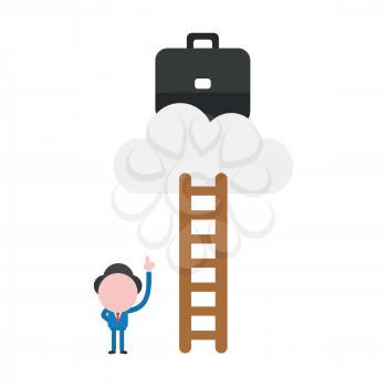 Vector illustration of faceless businessman character with wooden ladder, pointing up to climb and reach briefcase on cloud.