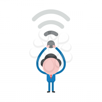 Vector illustration of faceless businessman character holding up wireless wifi symbol with low signal.