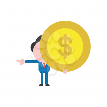 Vector illustration of faceless businessman character holding dollar money coin and pointing.