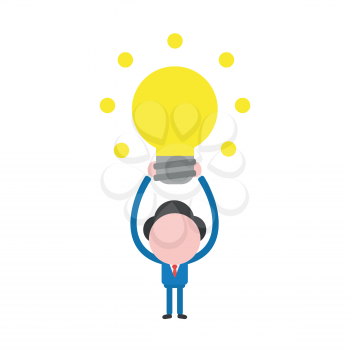 Vector illustration businessman mascot character holding up glowing yellow light bulb idea.