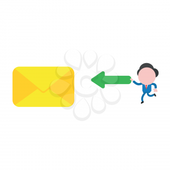 Vector illustration businessman mascot character closed mail envelope and running and holding arrow pointing left.