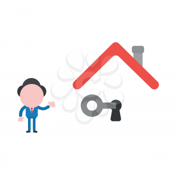 Vector illustration businessman mascot character unlock keyhole under house roof with key.