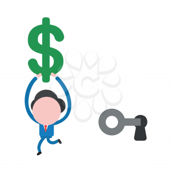 Vector illustration businessman mascot character unlock keyhole with key and running, holding up dollar money symbol.