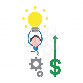 Vector illustration businessman character running on grey gears, holding up glowing yellow light bulb and green dollar moving up.