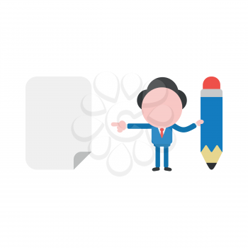 Vector illustration businessman character holding pencil and pointing blank paper icon.