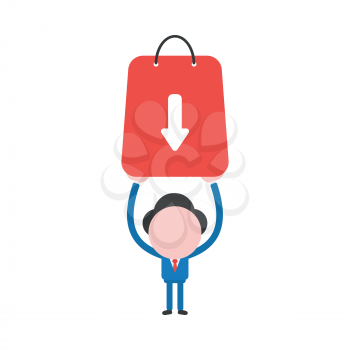 Vector illustration businessman character holding up red shopping bag with arrow moving down.