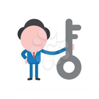 Vector illustration businessman character holding grey key icon.