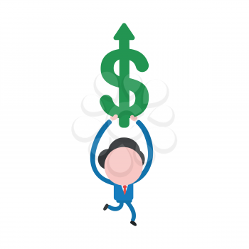 Vector illustration businessman character running and holding green dollar symbol with arrow moving up.