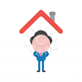 Vector illustration businessman character standing under house roof.