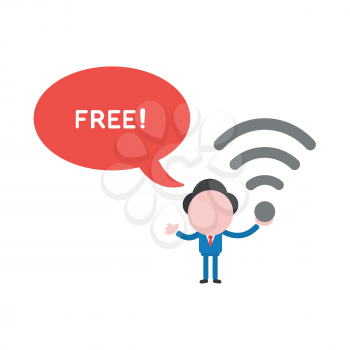 Vector illustration businessman character holding wireless wifi symbol and saying free with red speech bubble.