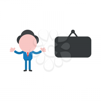 Vector illustration businessman character with blank black hanging sign.