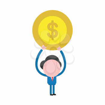 Vector illustration businessman character holding up dollar money coin.