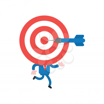 Vector illustration businessman character running with bulls eye head and dart in the center.