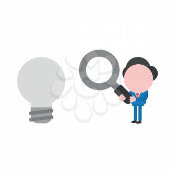 Vector illustration businessman character holding magnifying glass and looking glowing light bulb.