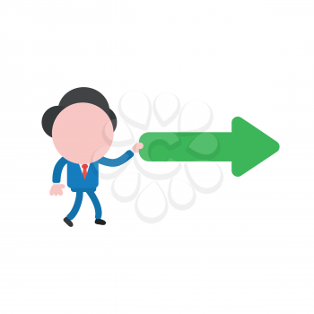 Vector illustration businessman character walking and holding green arrow pointing right.