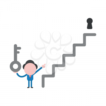 Vector illustration businessman character holding key and pointing keyhole on top of stairs.