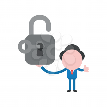 Vector illustration businessman character holding open padlock with key and showing thumbs up.