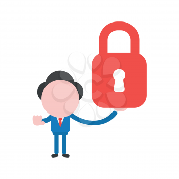 Vector illustration businessman character holding red closed padlock and gesturing hand stop sign.