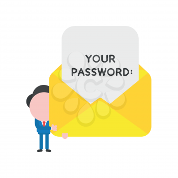 Vector illustration businessman character holding open mail envelope with your password written on paper.