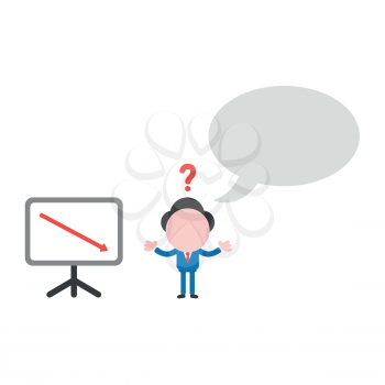 Vector illustration confused businessman character with blank speech bubble and sales chart arrow moving down.