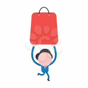 Vector illustration businessman character running and holding up red shopping bag.