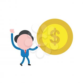 Vector illustration businessman character walking and holding dollar money coin.