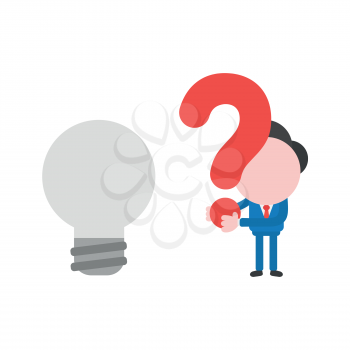Vector illustration businessman character with grey light bulb and holding question mark.
