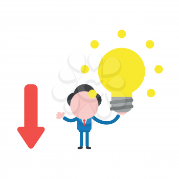 Vector illustration businessman character with arrow moving down and holding glowing light bulb.