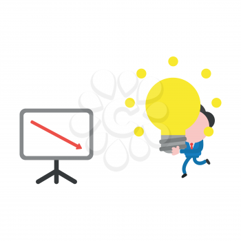Vector illustration businessman character running and carrying glowing light bulb idea to sales chart moving down.
