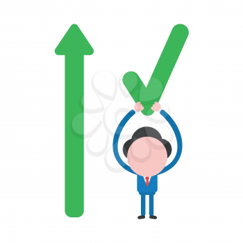 Vector illustration businessman character holding up check mark with arrow moving up.