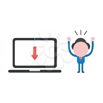 Vector illustration businessman character with laptop computer and arrow moving down.