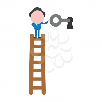 Vector illustration businessman character standing on top of wooden ladder and holding key unlock keyhole.