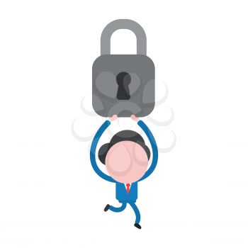 Vector illustration businessman character running and carrying closed padlock.