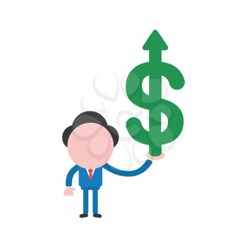 Vector illustration businessman character holding dollar symbol with arrow moving up.