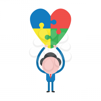 Vector illustration businessman character holding up connected heart jigsaw puzzle pieces.