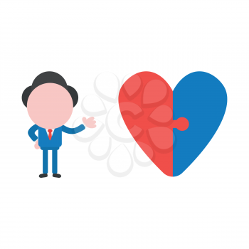 Vector illustration businessman character with connected heart jigsaw puzzle pieces.