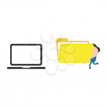 Vector illustration businessman character walking and carrying open file folder to laptop computer.