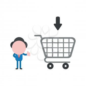 Vector illustration businessman character showing thumbs up with shopping cart.