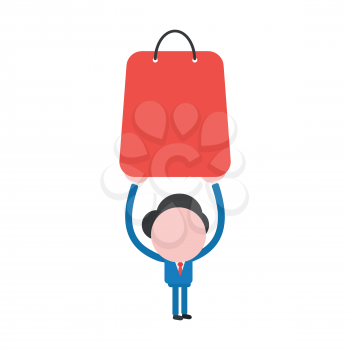 Vector illustration businessman character holding up red shopping bag.