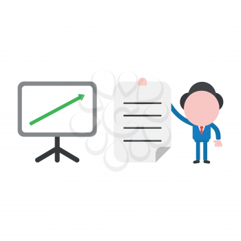 Vector illustration businessman character with sales chart arrow moving up and holding written paper.