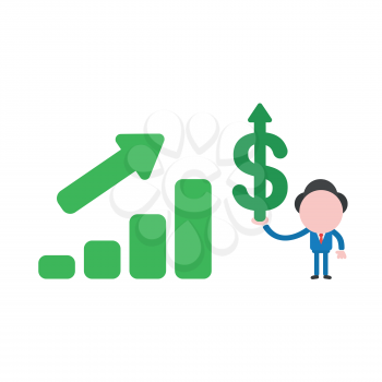 Vector illustration businessman character with sales chart moving up and holding dollar arrow moving up.